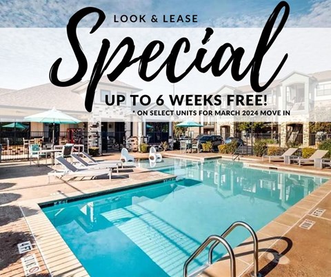 a swimming pool with a text overlay spelling up to 6 weeks free on select units